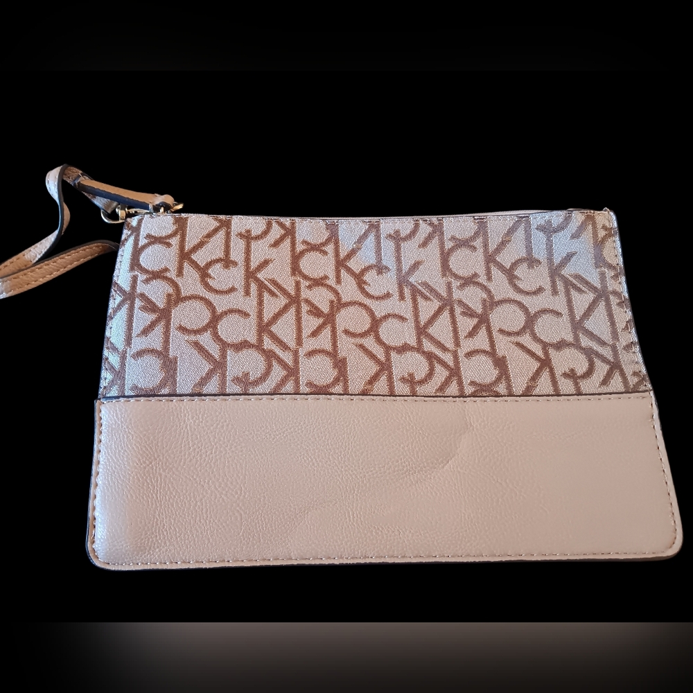 Calvin Klein Monogram Beige and Tan Wristlet